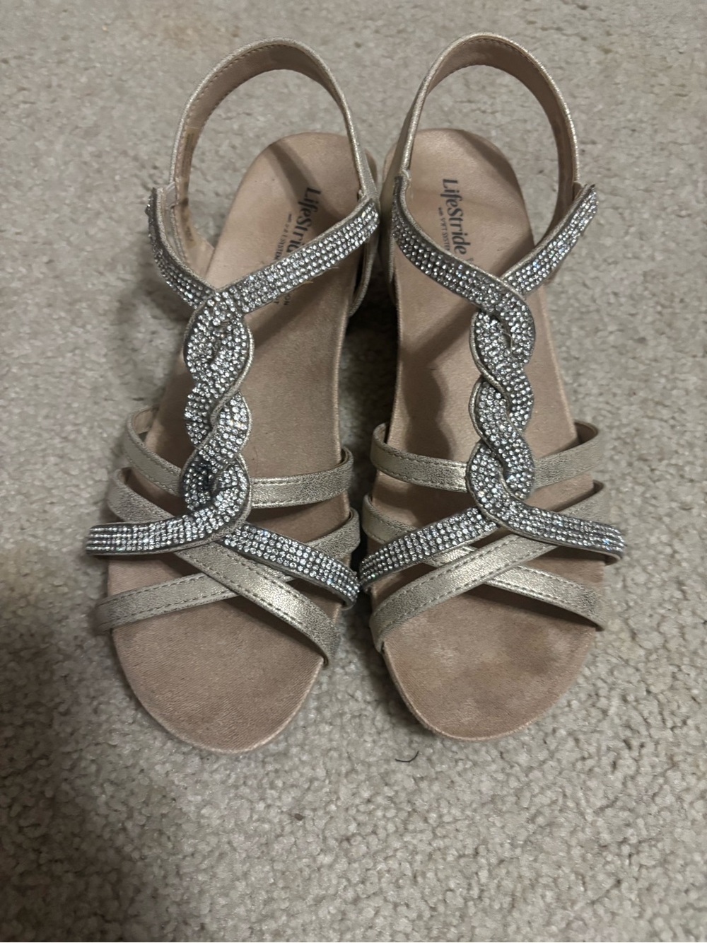 Life Stride Champagne Rhinestone Braided T-Strap Heels